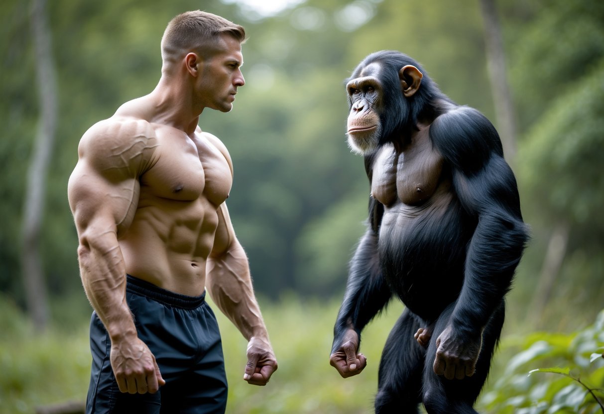 A muscular human man and a strong chimpanzee standing face to face in a forest clearing.