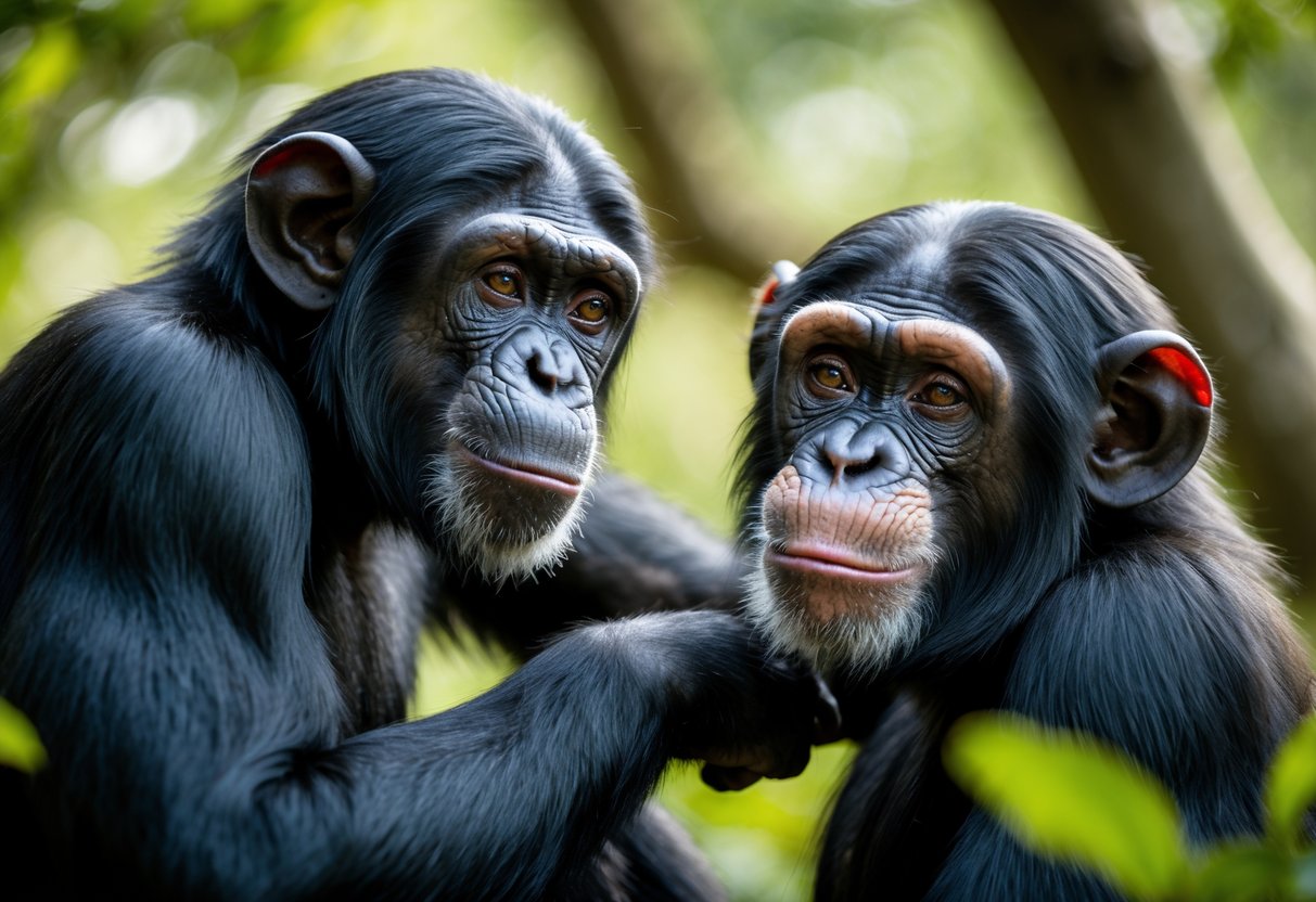 Two chimpanzees gently interacting in a forest, showing friendly behavior.