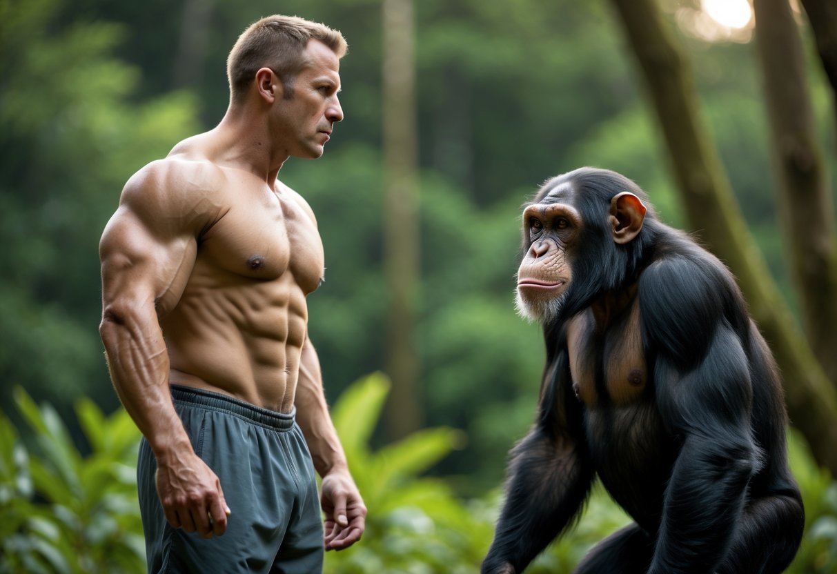 A muscular adult man and a chimpanzee facing each other outdoors in a forest setting.
