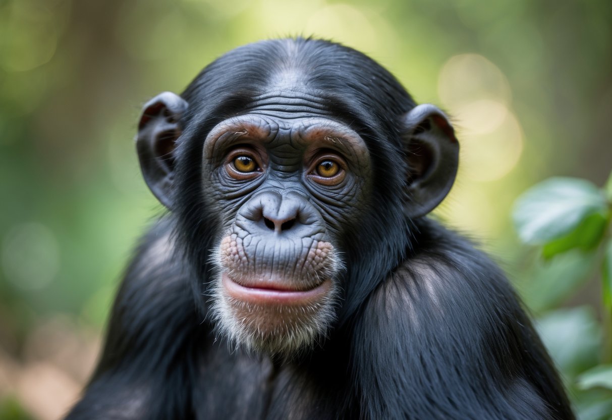 A chimpanzee with a gentle expression looking directly at the camera in a natural outdoor setting.