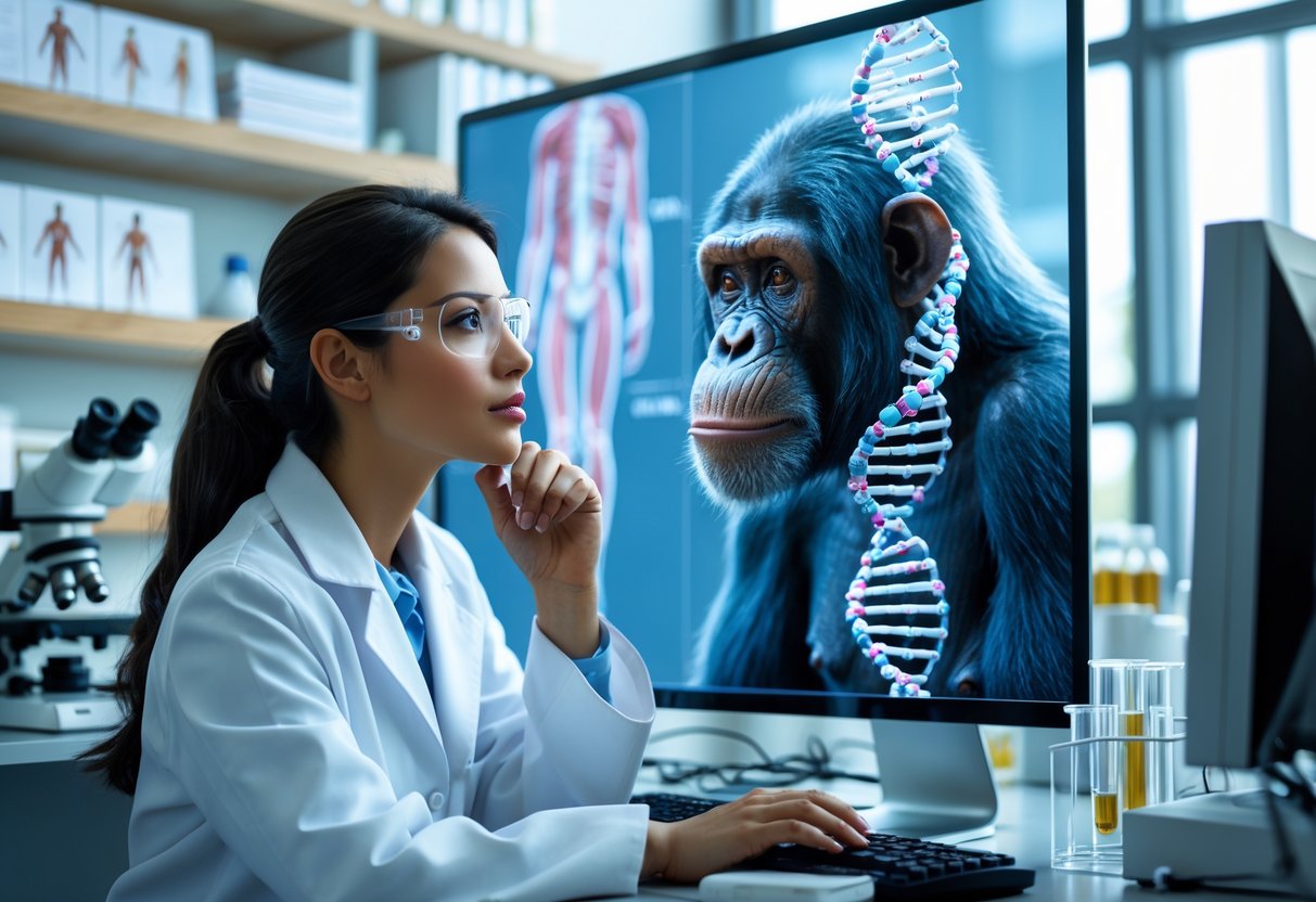 A female scientist in a lab coat studies digital models of a chimpanzee and human DNA in a laboratory filled with scientific equipment.