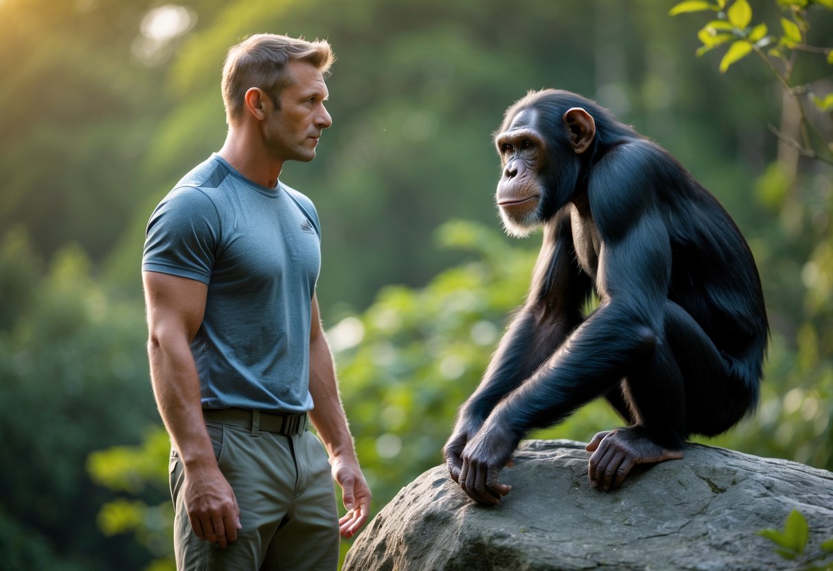 A person and a chimpanzee face each other outdoors, making eye contact in a natural setting.