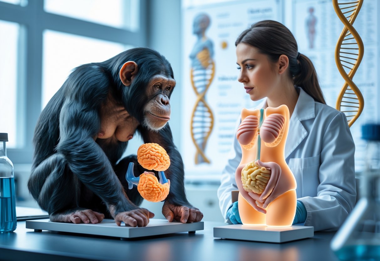 A scientist in a laboratory examining 3D models of a chimpanzee and human female reproductive systems side by side.