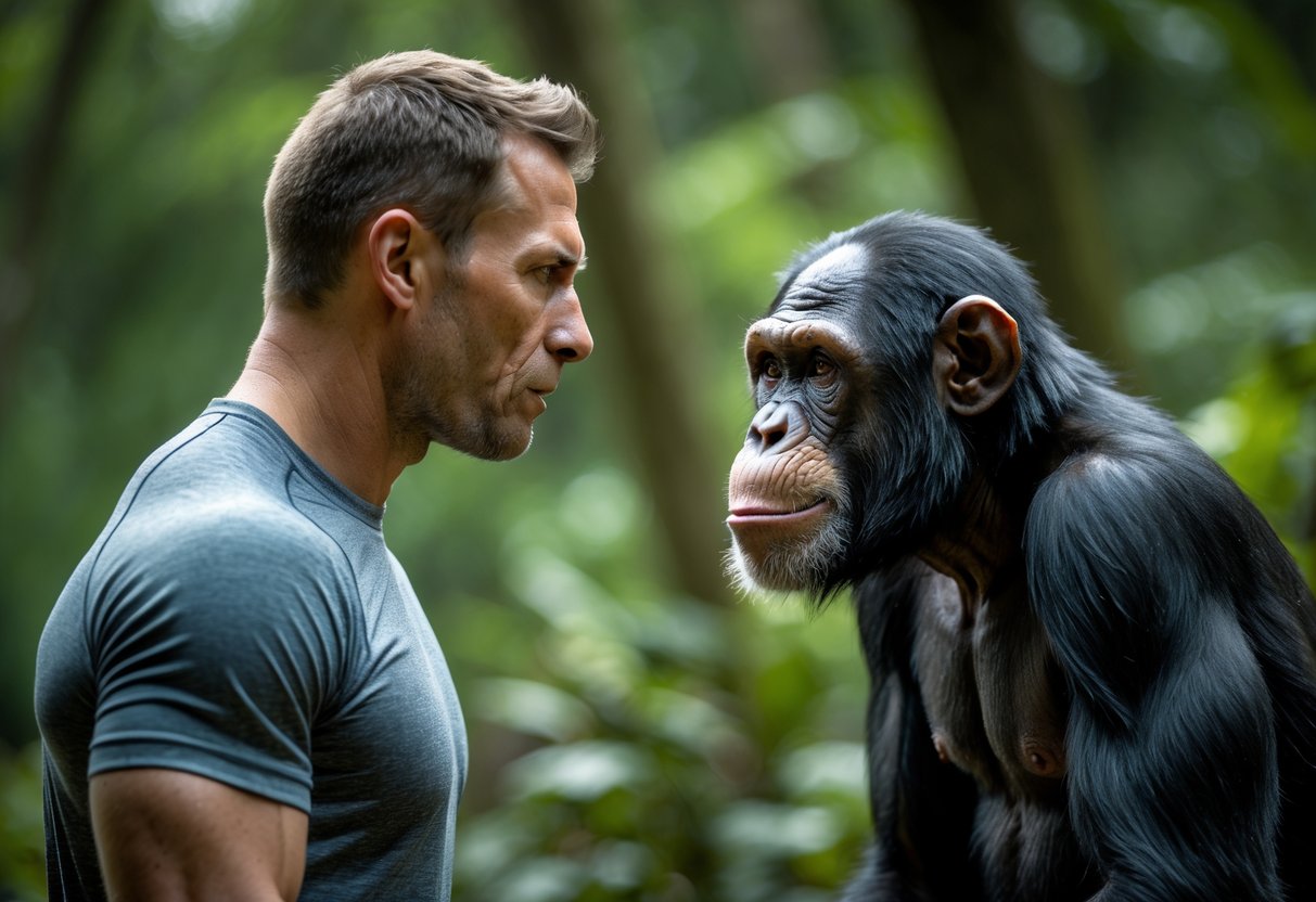 A man and a chimpanzee face each other closely in a green forest, both looking alert and focused.