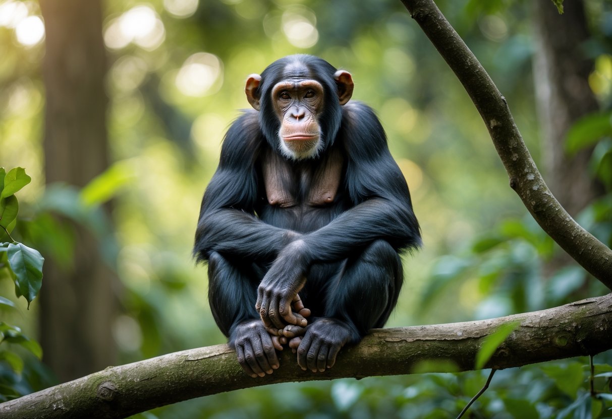 A chimpanzee sitting calmly on a tree branch in a forest.