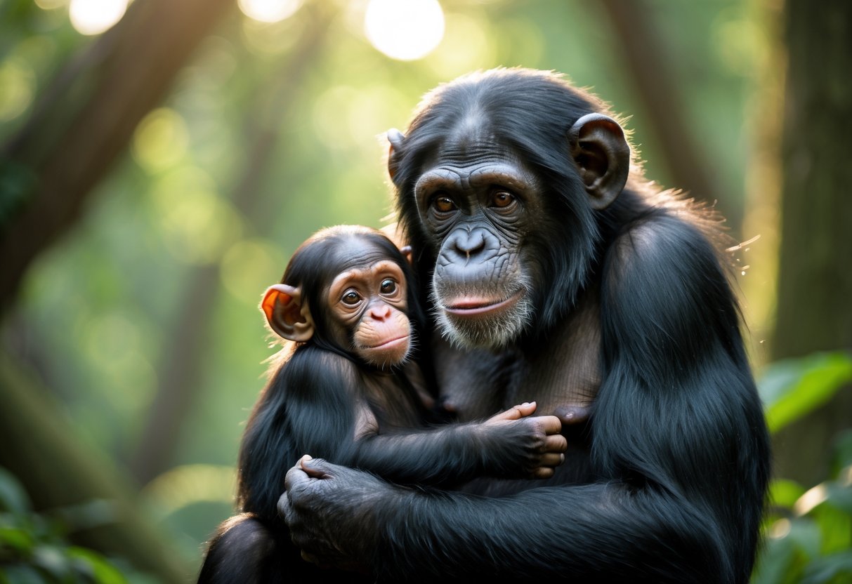 A chimpanzee mother gently holding her baby close in a forest setting.