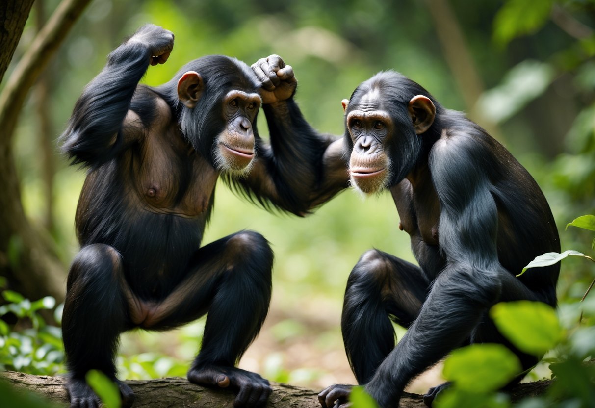 Two chimpanzees in a forest showing a tense interaction, with one appearing assertive and the other submissive.