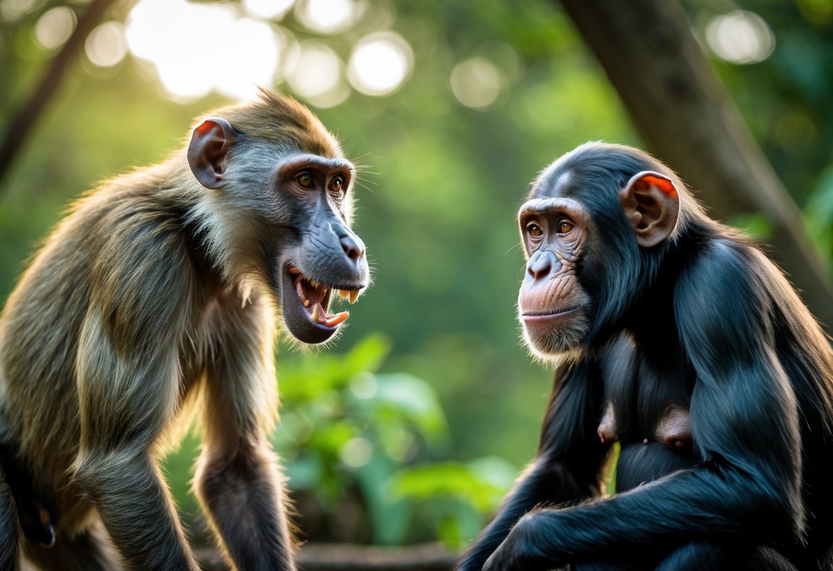 A baboon and a chimpanzee face each other in a green forest setting, showing alert and focused expressions.