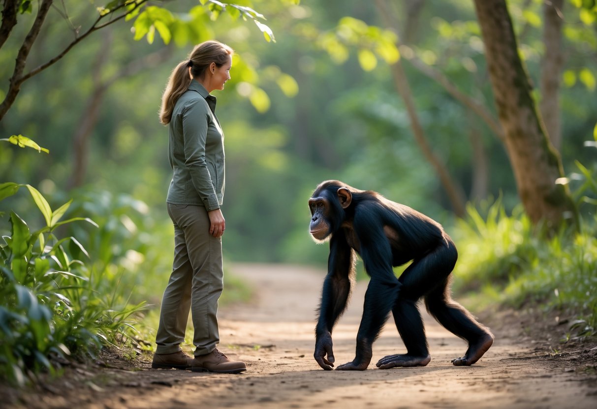 A person standing calmly while a chimpanzee approaches slowly in a green forest.