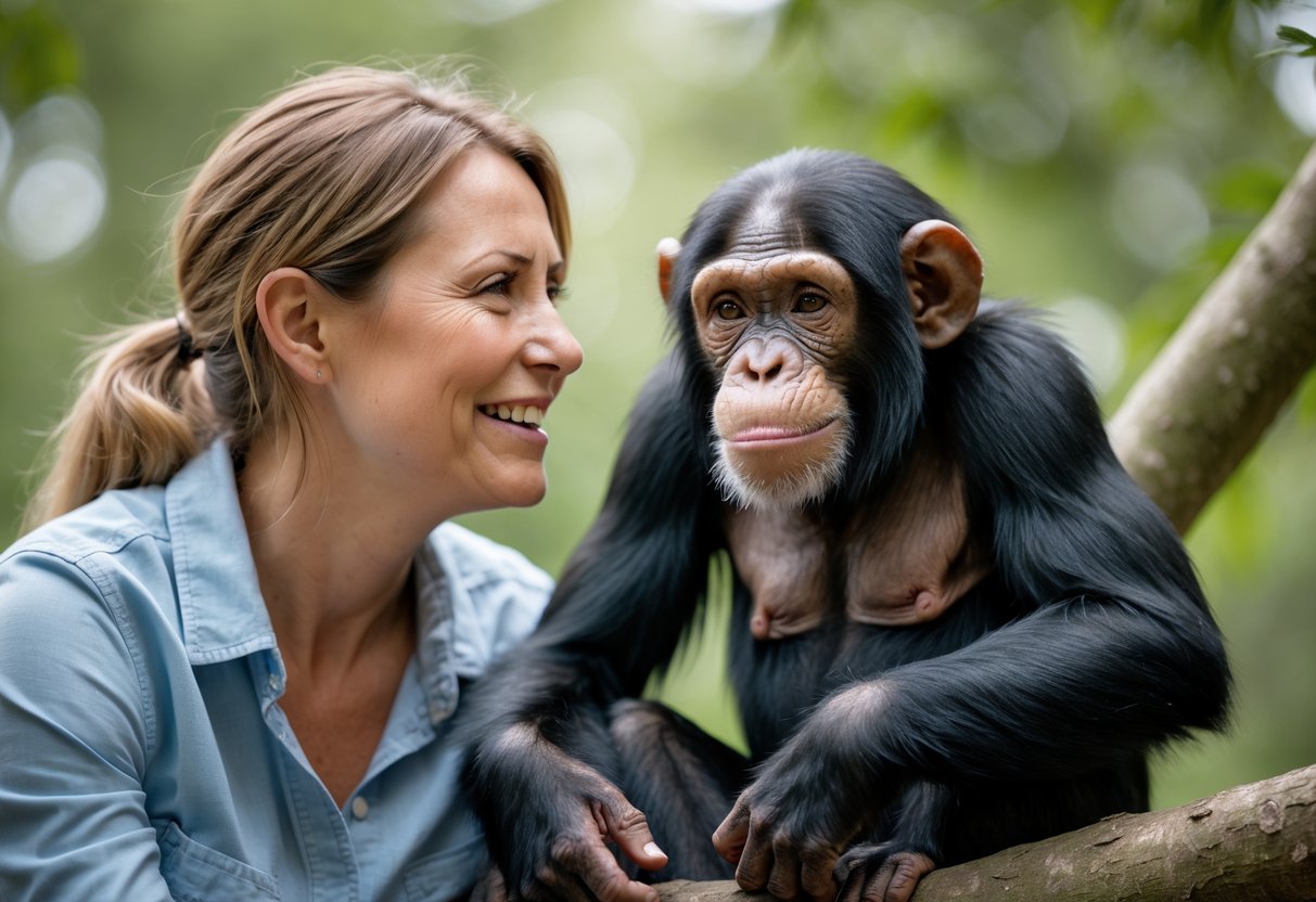 A woman smiling and making eye contact with a calm chimpanzee sitting on a tree branch in a forest.