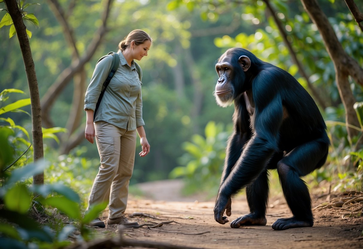 A person calmly standing outdoors while a chimpanzee approaches nearby in a green forest setting.