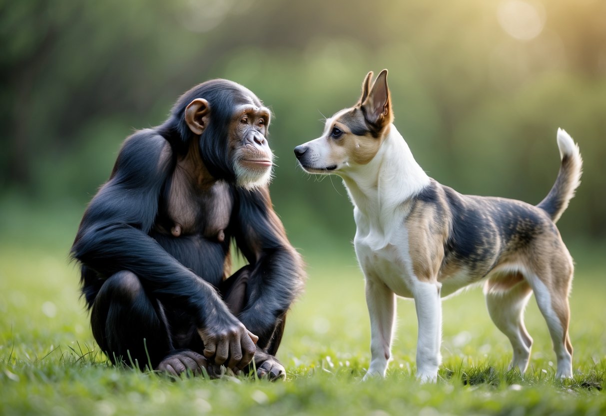 A chimpanzee sitting on grass facing a standing dog in an outdoor setting.