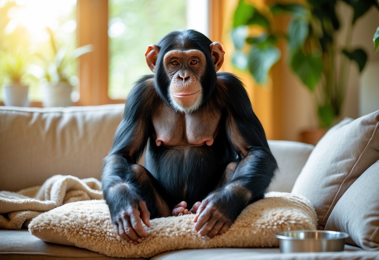 An adult pet chimpanzee sitting calmly on a cushion in a cozy living room with natural light and plants visible through a window.