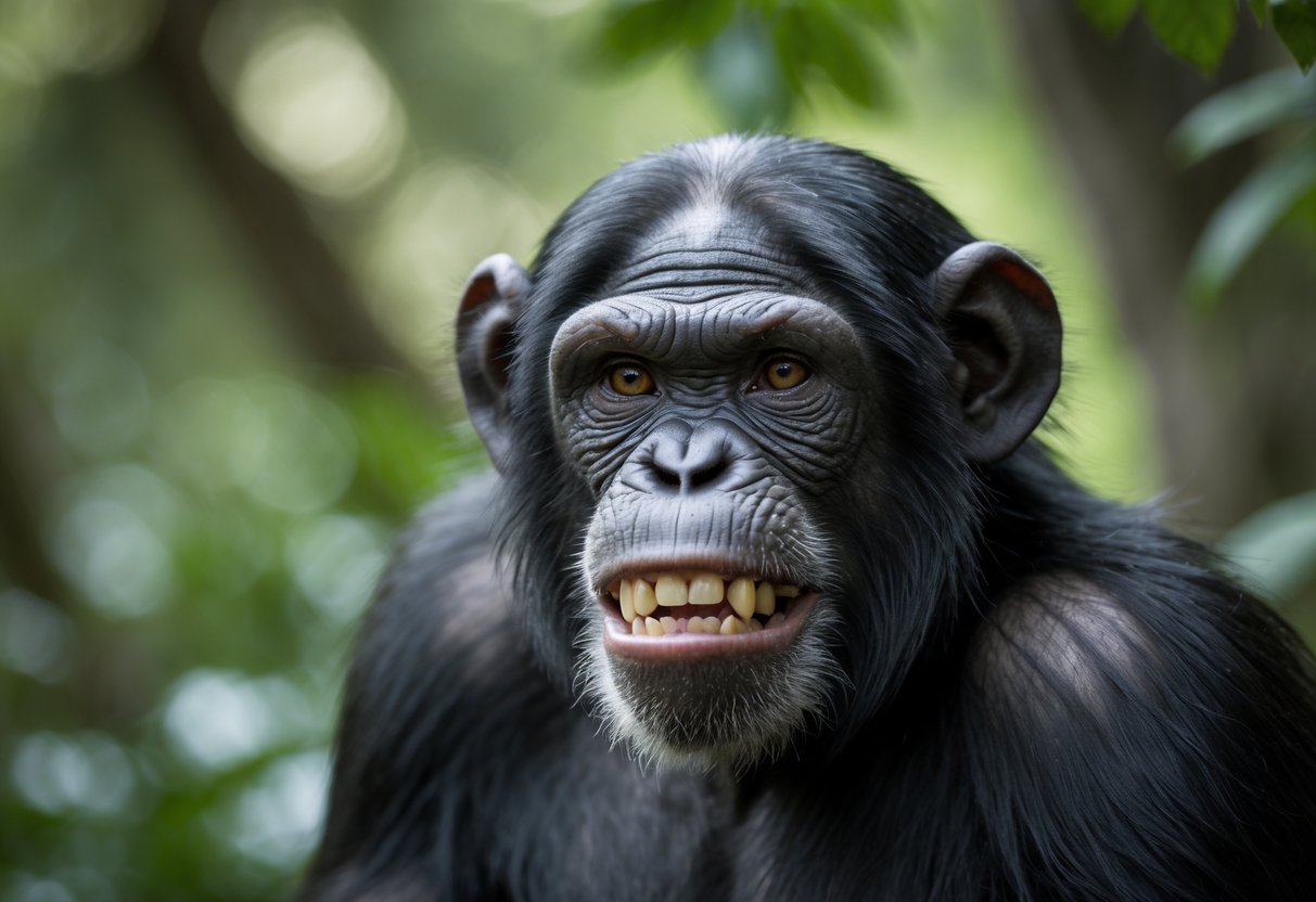 A chimpanzee showing a tense expression with bared teeth in a forest environment.