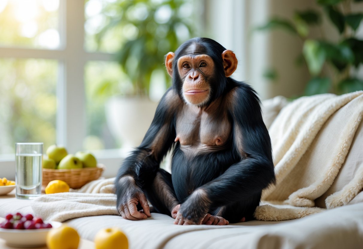 A pet chimpanzee sitting calmly in a bright room with natural light and plants visible outside.