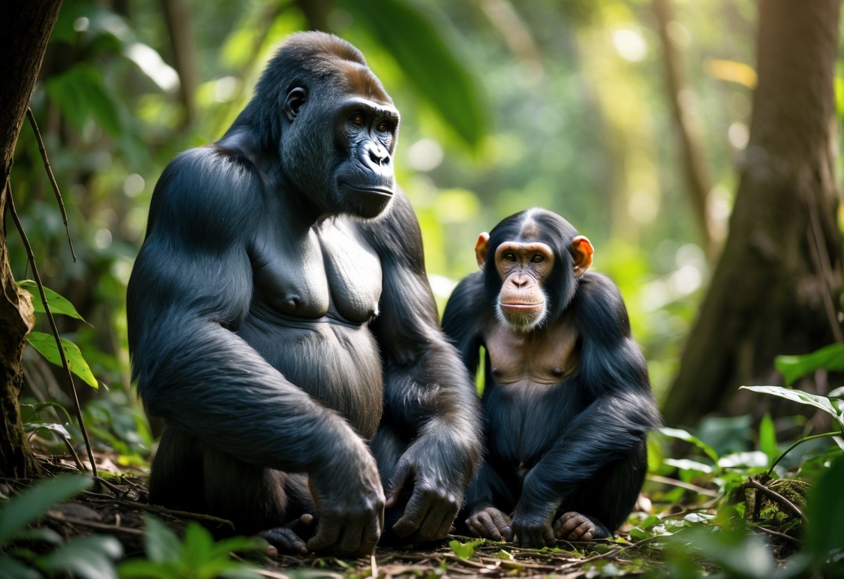 A gorilla and a chimpanzee sitting calmly near each other in a jungle setting surrounded by green plants.