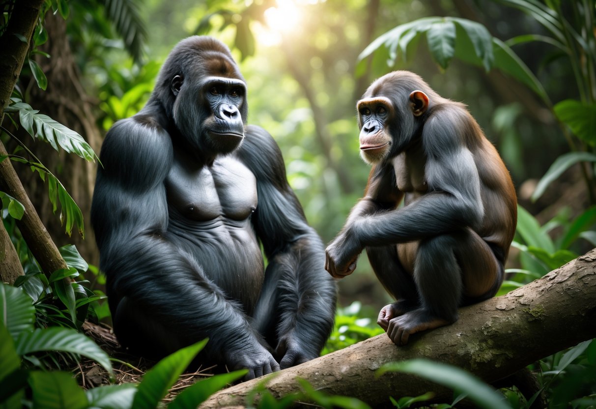 A gorilla sitting on the forest floor and a chimpanzee perched nearby among dense jungle vegetation.