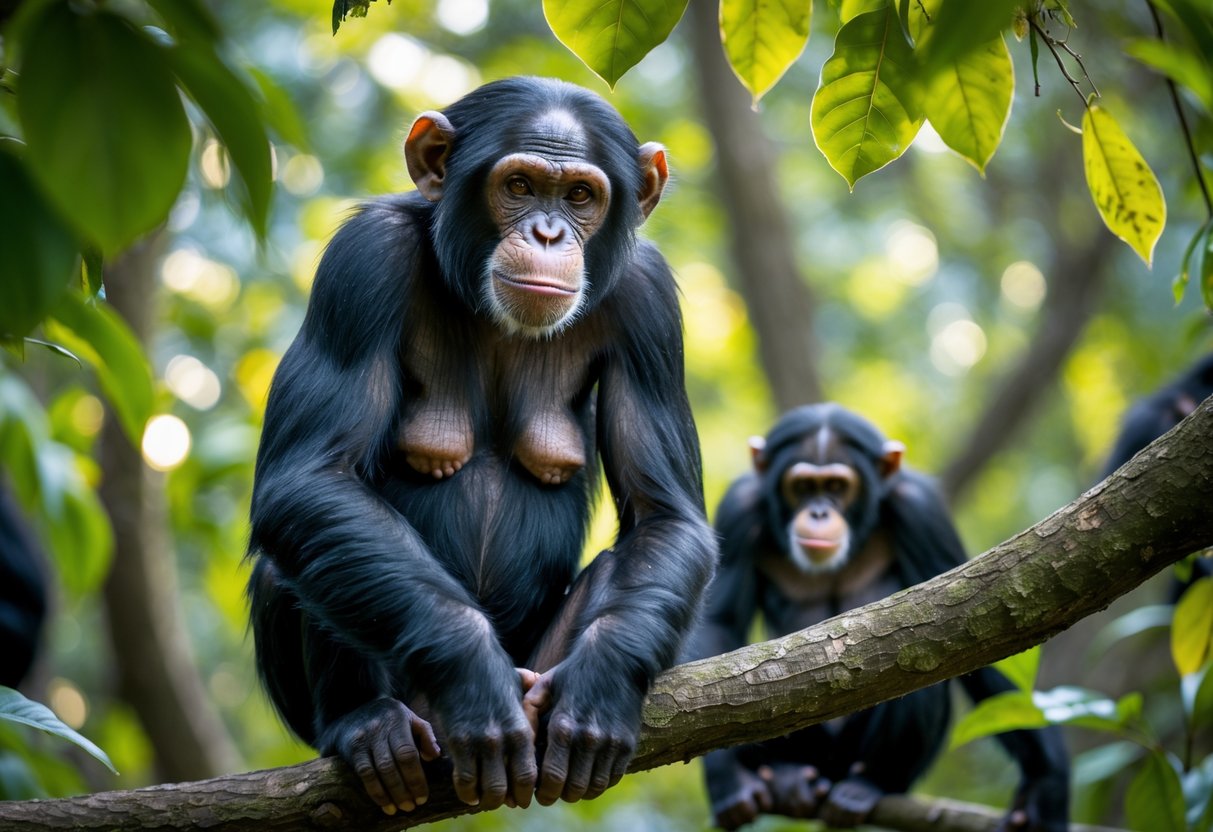 A female chimpanzee sitting on a tree branch in a forest, looking alert with other chimpanzees visible in the background.