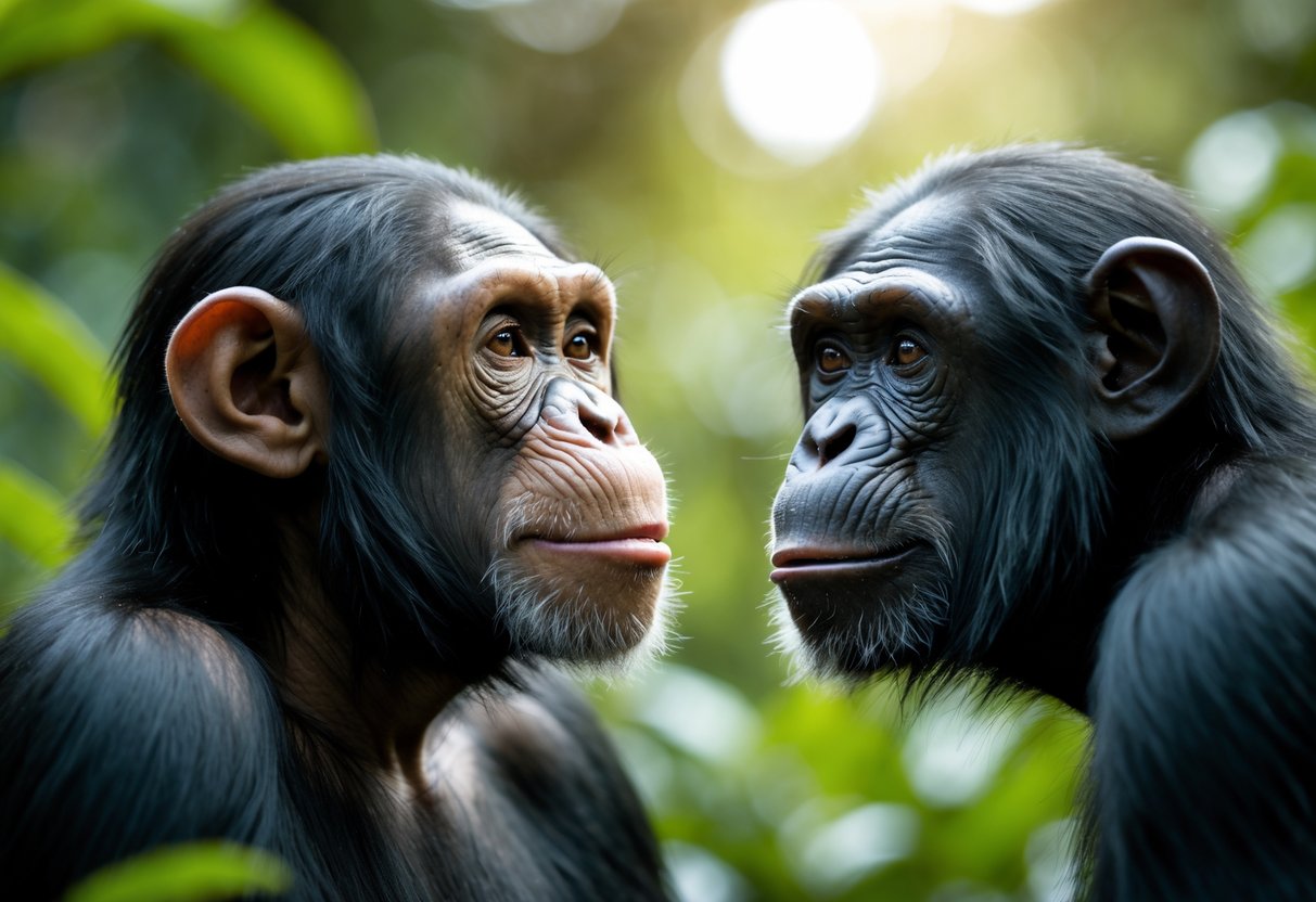 A human smiling at a chimpanzee who looks neutral, both facing each other outdoors with green foliage in the background.