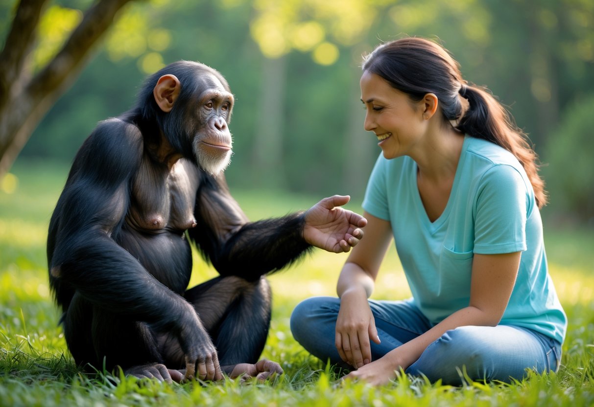 A chimpanzee and a human sitting outdoors, gently touching hands in a friendly interaction.