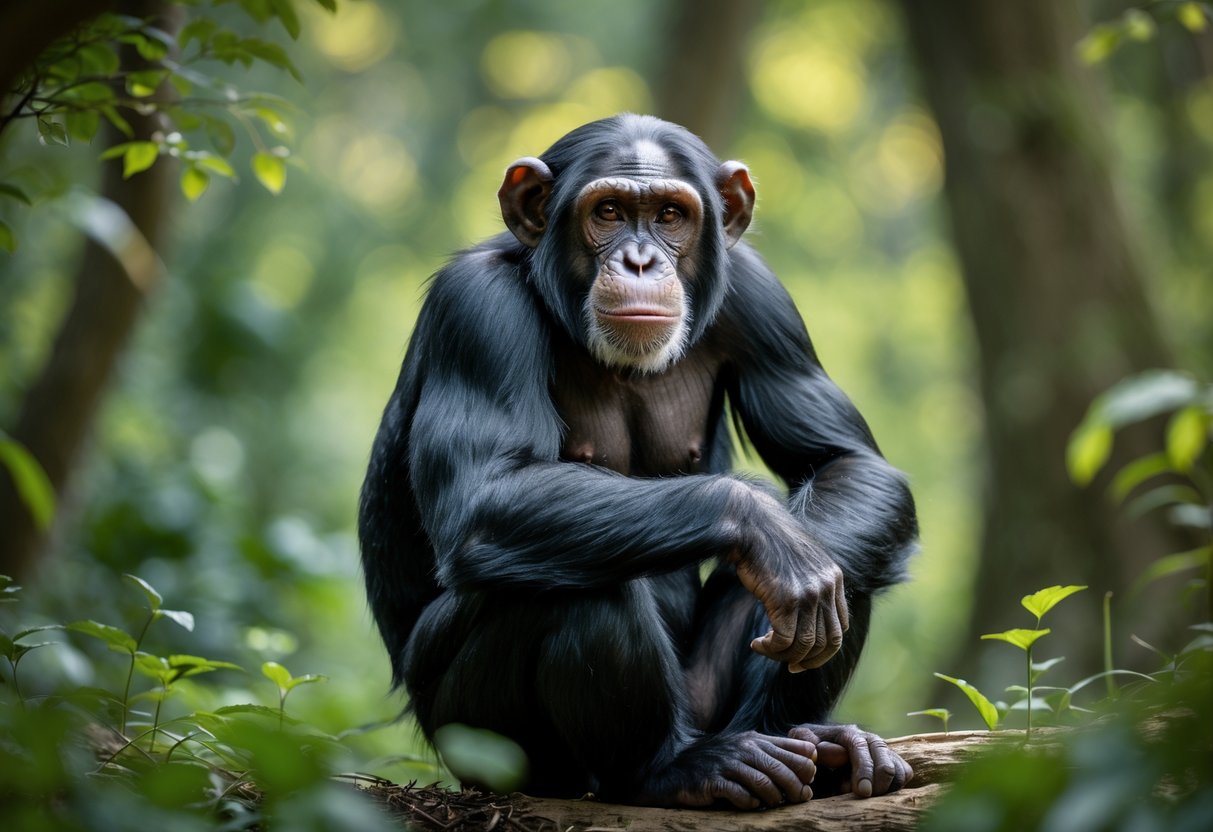A chimpanzee sitting in a forest, looking thoughtfully toward the camera.