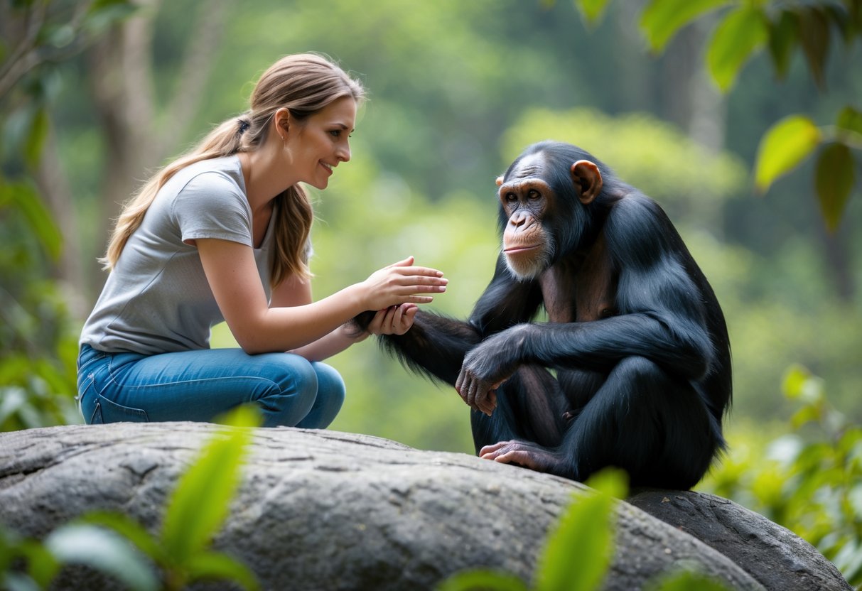 A young woman gently reaching out to pet a chimpanzee sitting on a rock in a forest.