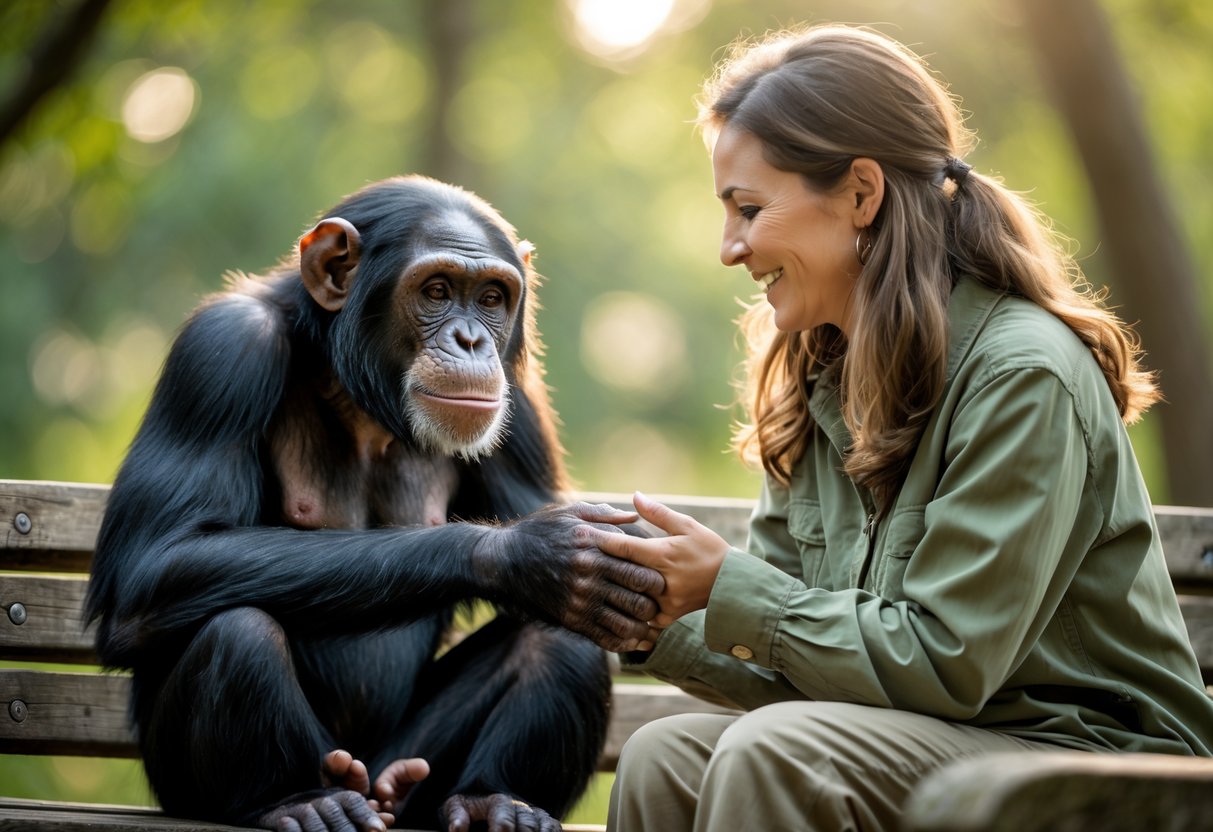 A chimpanzee and a human sitting close together outdoors, holding hands and looking at each other with gentle expressions.