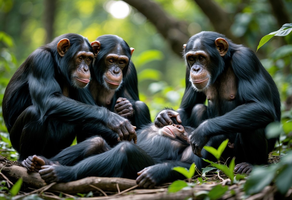 A group of chimpanzees gathered around a deceased chimpanzee in a forest, showing signs of care and attention.