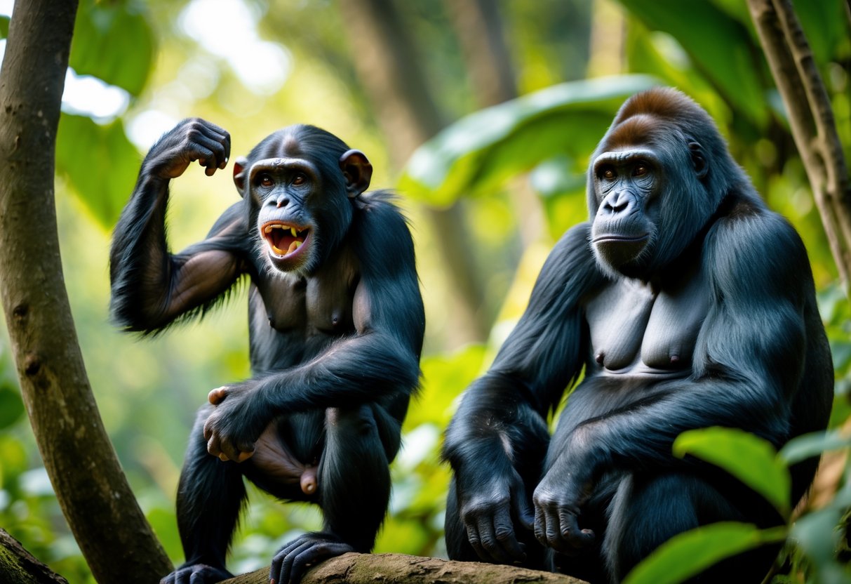 A chimpanzee and a gorilla in a green jungle setting, with the chimpanzee showing an alert pose and the gorilla sitting calmly nearby.