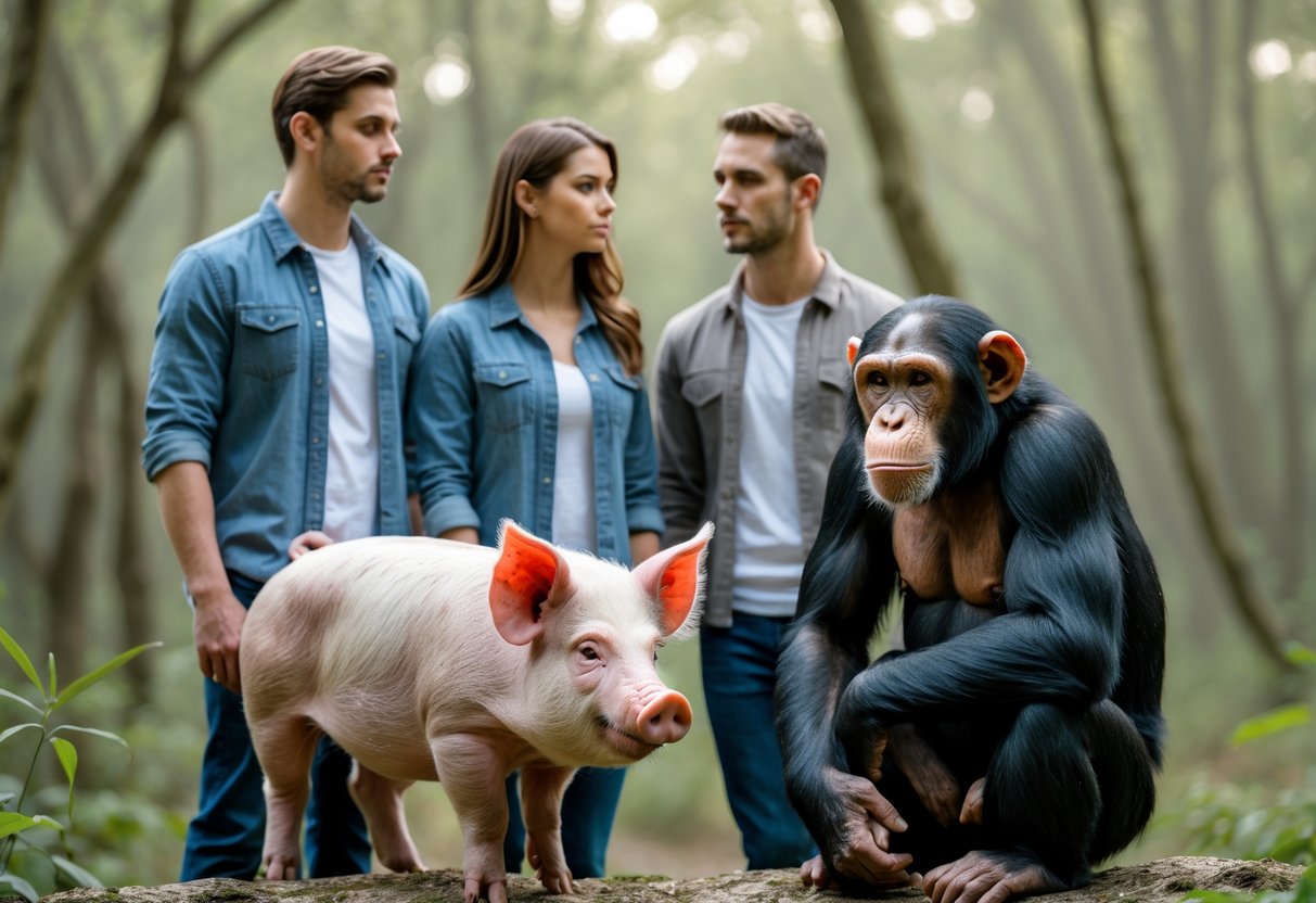 A human man and woman standing near a pig and a chimpanzee in a natural outdoor setting.