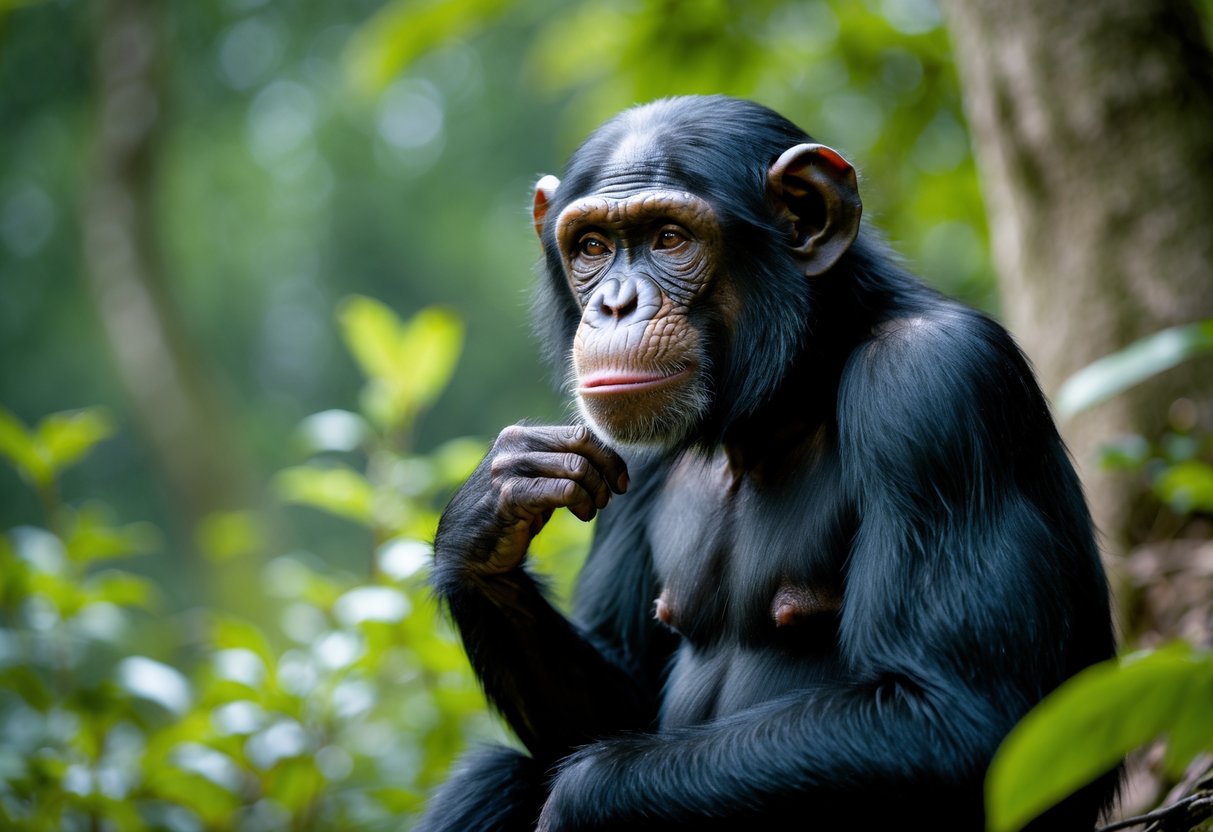 A chimpanzee sitting thoughtfully in a forest with its hand touching its chin.