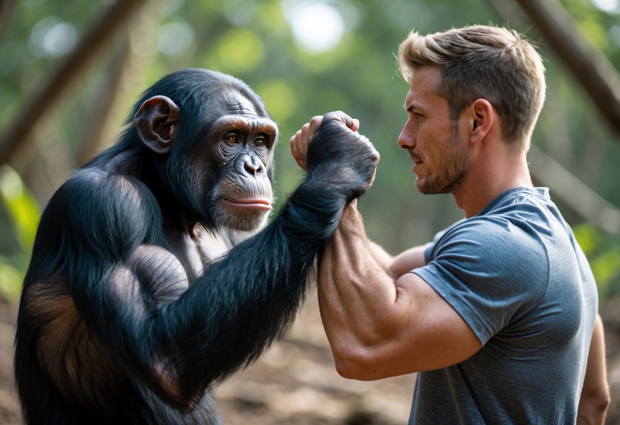 A chimpanzee and a man outdoors flexing their arms facing each other.
