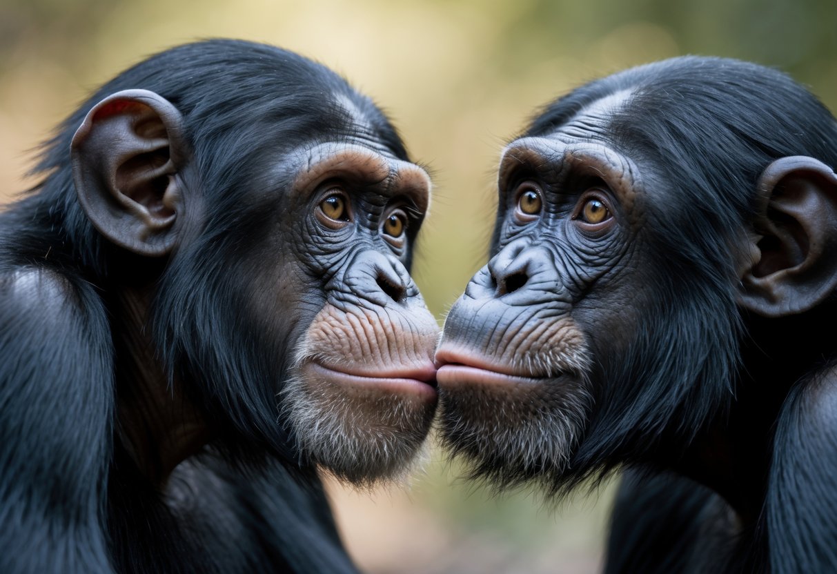 Two chimpanzees gently touching their lips together in an affectionate gesture outdoors.