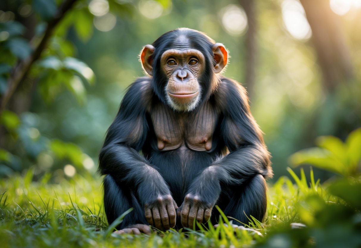 A chimpanzee sitting calmly on grass with a gentle expression in a natural outdoor setting.