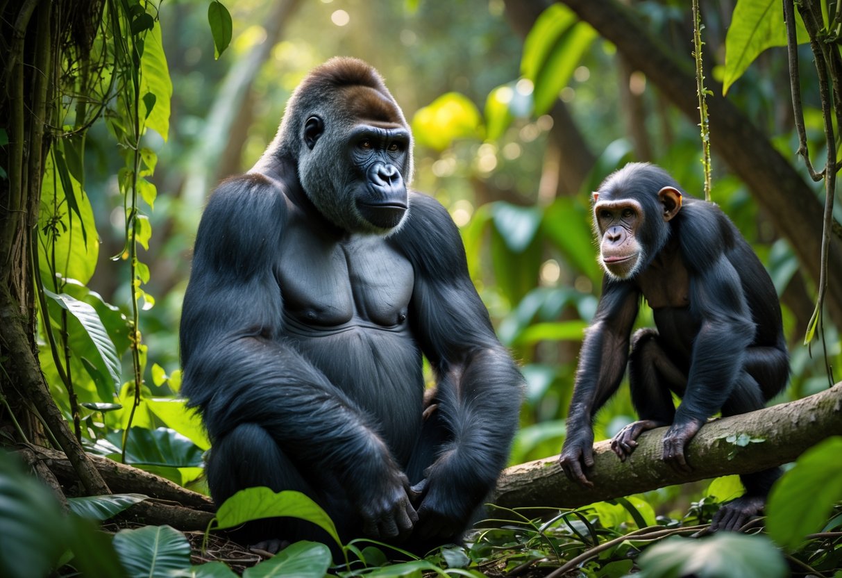 A gorilla and a chimpanzee together in a jungle setting surrounded by green plants.