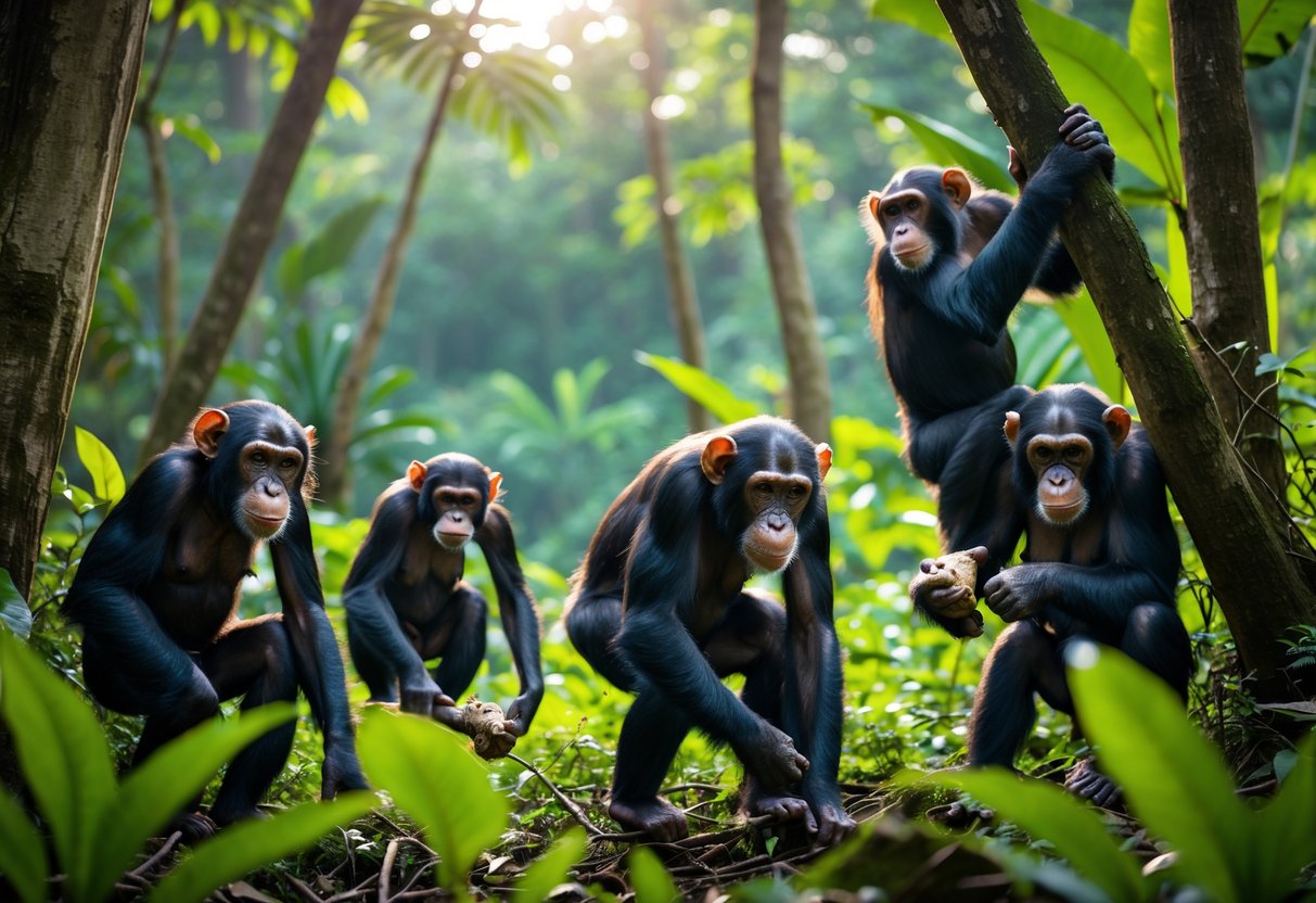 Female chimpanzees hunting together in a dense forest, showing coordinated behavior and holding prey.
