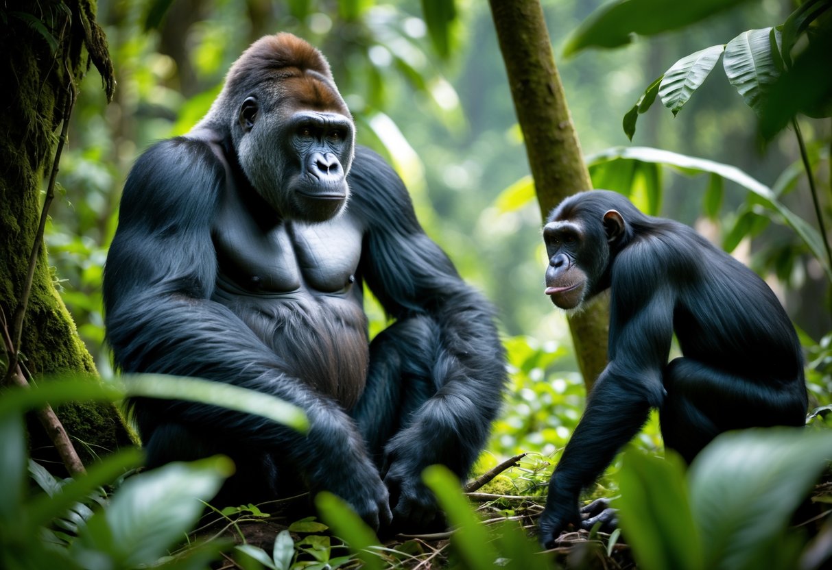 A large gorilla sitting on the forest floor while a chimpanzee cautiously approaches nearby in a dense rainforest.