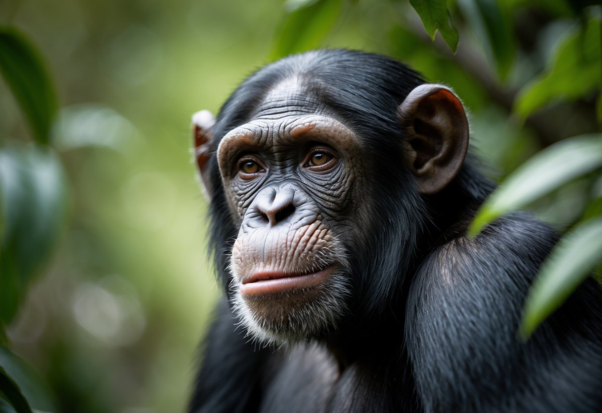Close-up of a chimpanzee's face showing a gentle and expressive look in a natural green environment.