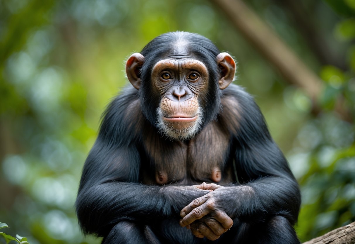 A chimpanzee sitting and looking directly at the camera in a green natural environment.