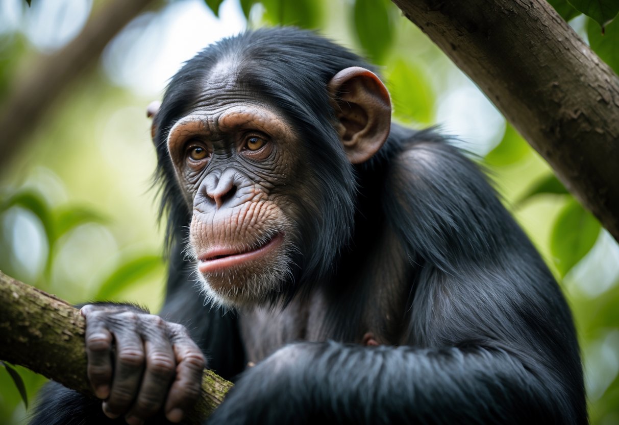 Close-up of a chimpanzee sitting on a tree branch with an expression suggesting discomfort, surrounded by green leaves.