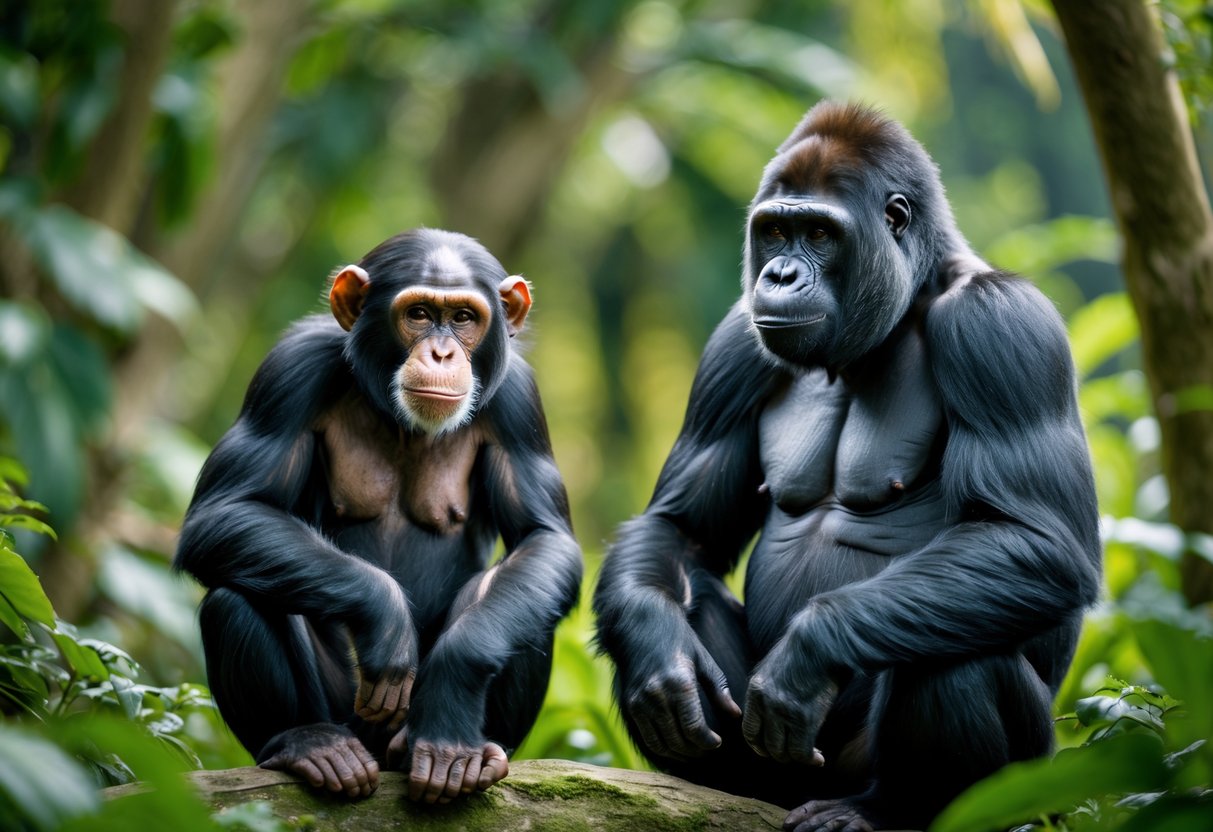 A chimpanzee and a gorilla sitting next to each other in a green forest setting.