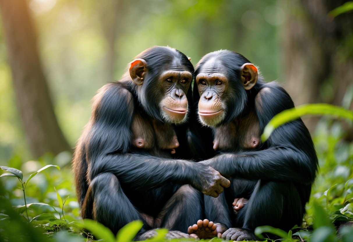 Two chimpanzees sitting closely together in a forest, gently touching and showing affection.