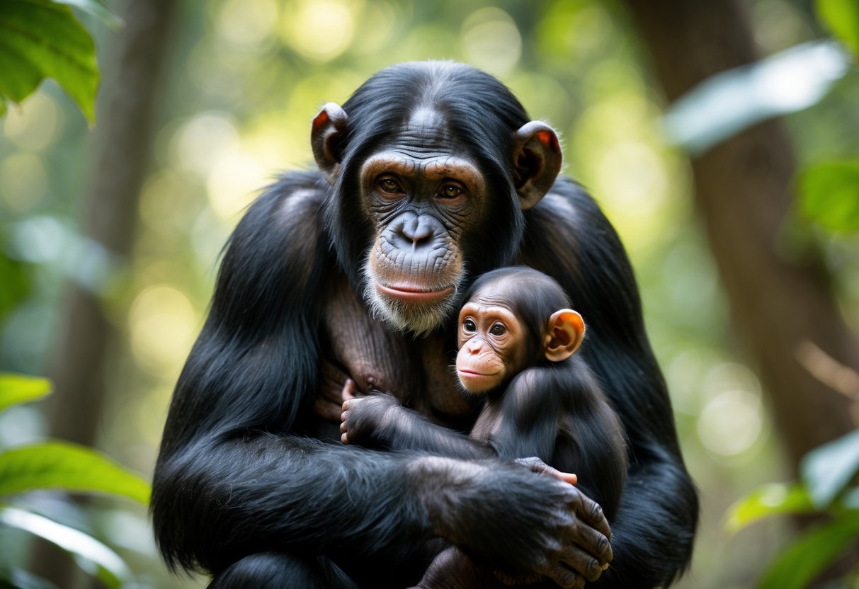 A chimpanzee mother gently holding her baby close in a forest setting.
