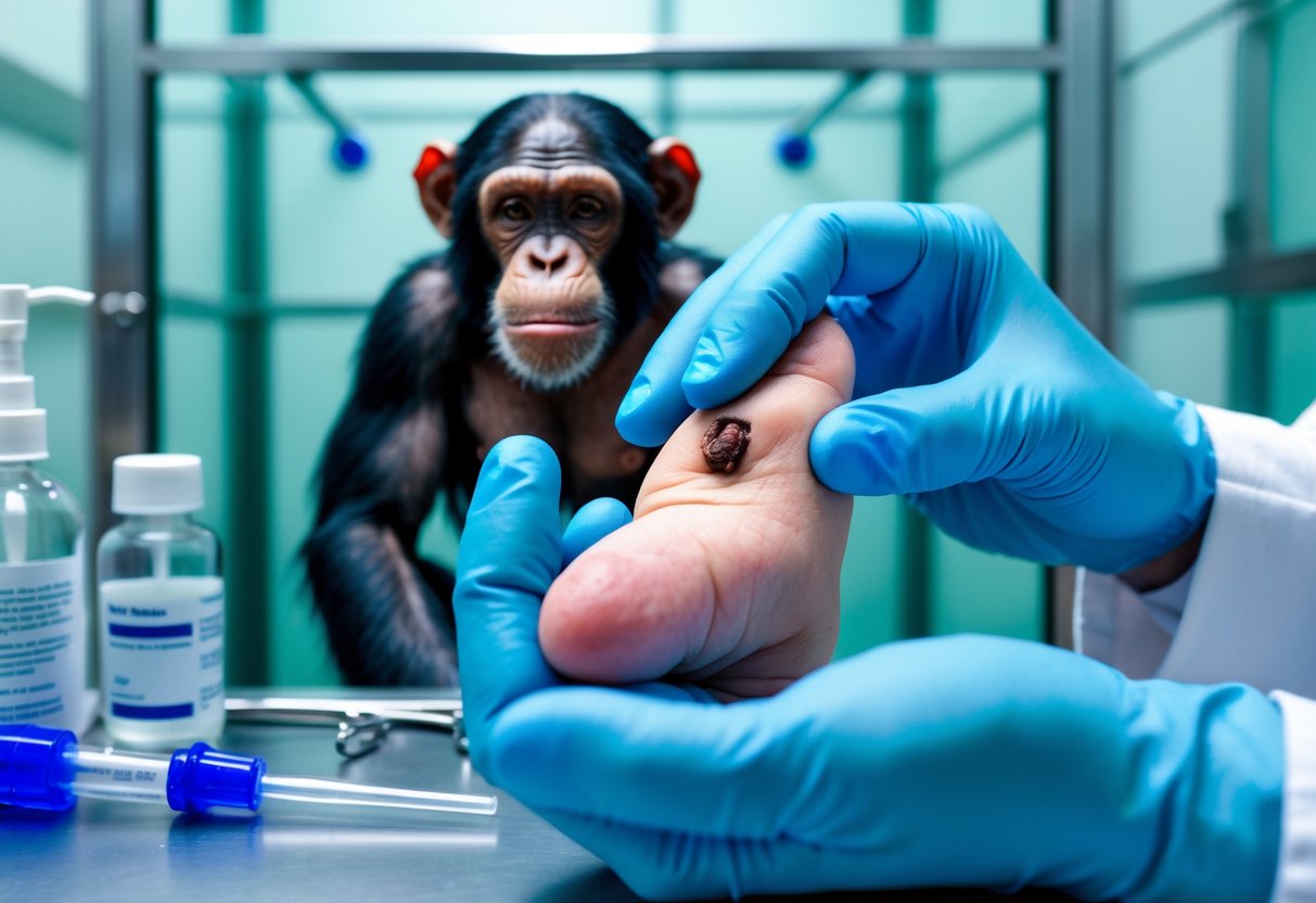 A medical professional examining a person's finger with a small bite wound while a chimpanzee looks on from behind glass.