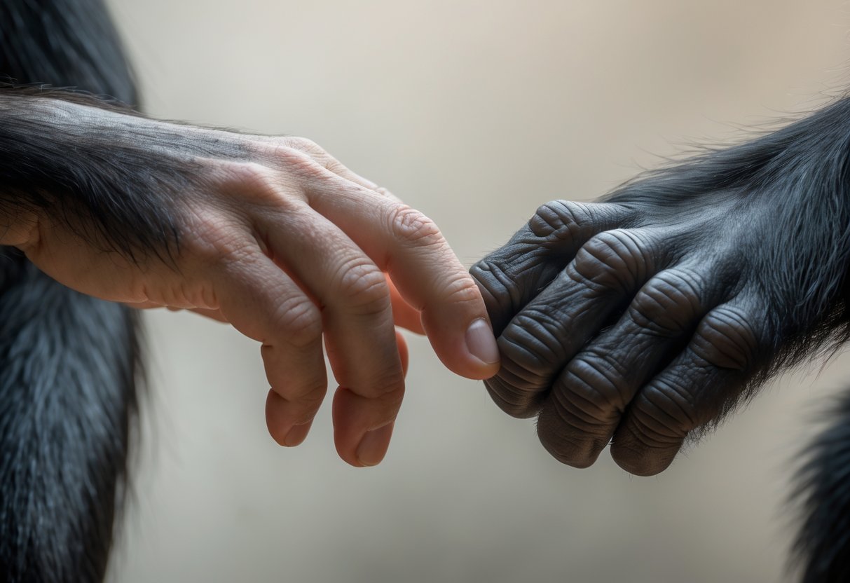 Close-up of a human hand and a chimpanzee hand nearly touching fingertips side by side.