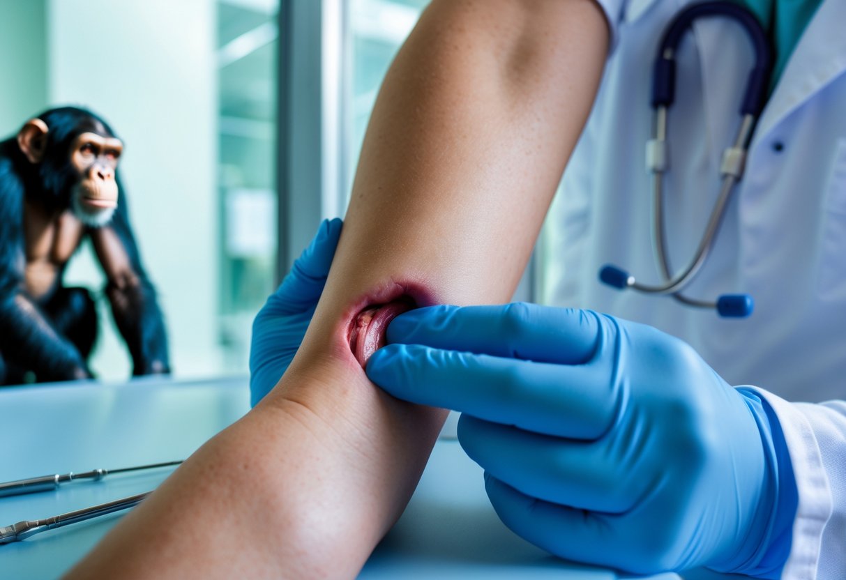 A close-up of a person's forearm with a fresh bite wound being examined by a medical professional wearing blue gloves in a clinical setting, with a chimpanzee visible in the background behind glass.