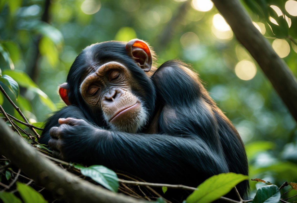 A chimpanzee sleeping peacefully on a bed of leaves in a forest.