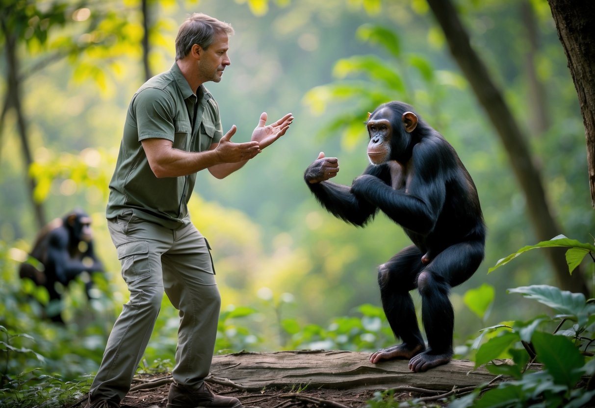 A man in a defensive stance facing a chimpanzee in a forest setting.