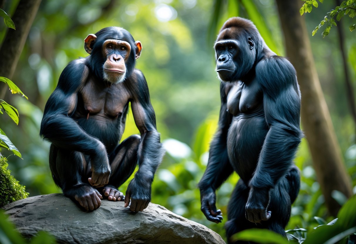 A chimpanzee sitting on a rock next to a standing gorilla in a green jungle setting.