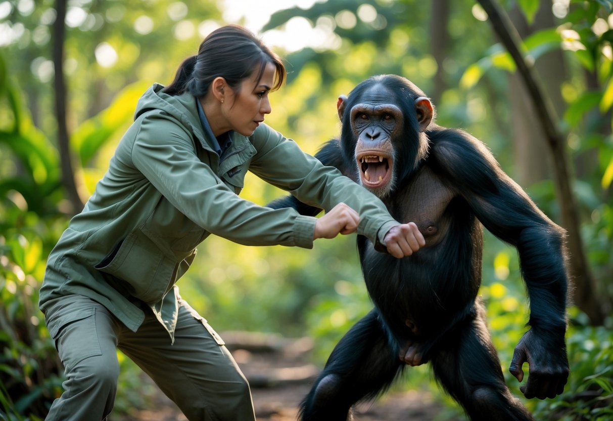 A person in a defensive stance facing an aggressive chimpanzee in a forest setting.